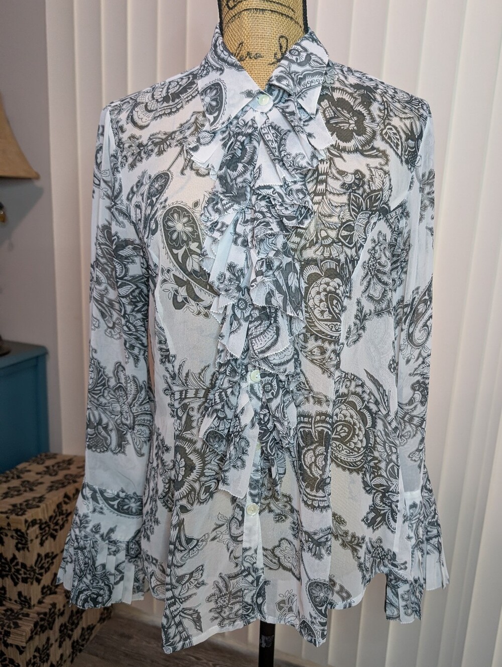 CAbi Paisley Floral Sheer Button Down Blouse Ruffle Details